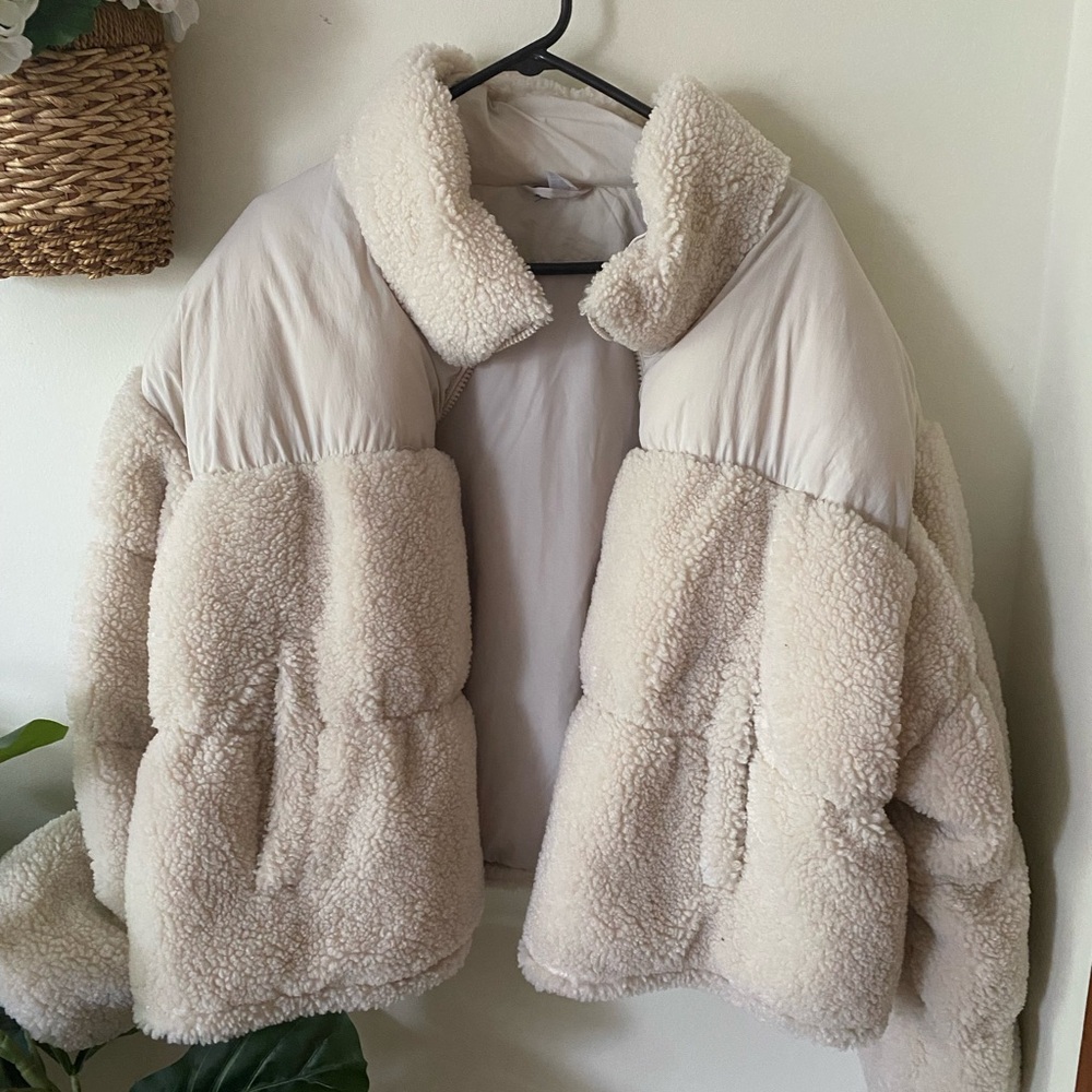 Women's Cream Shearling Puffer Jacket